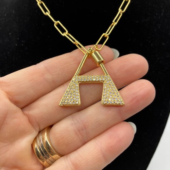 Brass Letter "A" Pendant Cubic Zirconia adjustable 20 inch Paper Clip Chain NEW - Picture 9 of 12